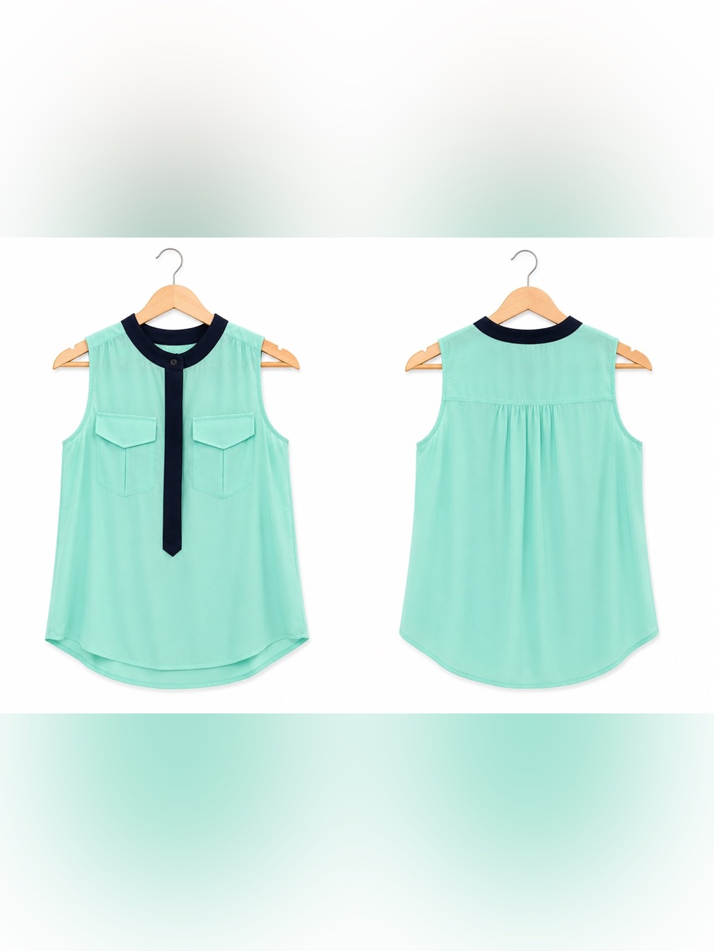 Women’s J.Crew Mint Green Sleeveless Blouse Navy Trim Button Front Top Size 0